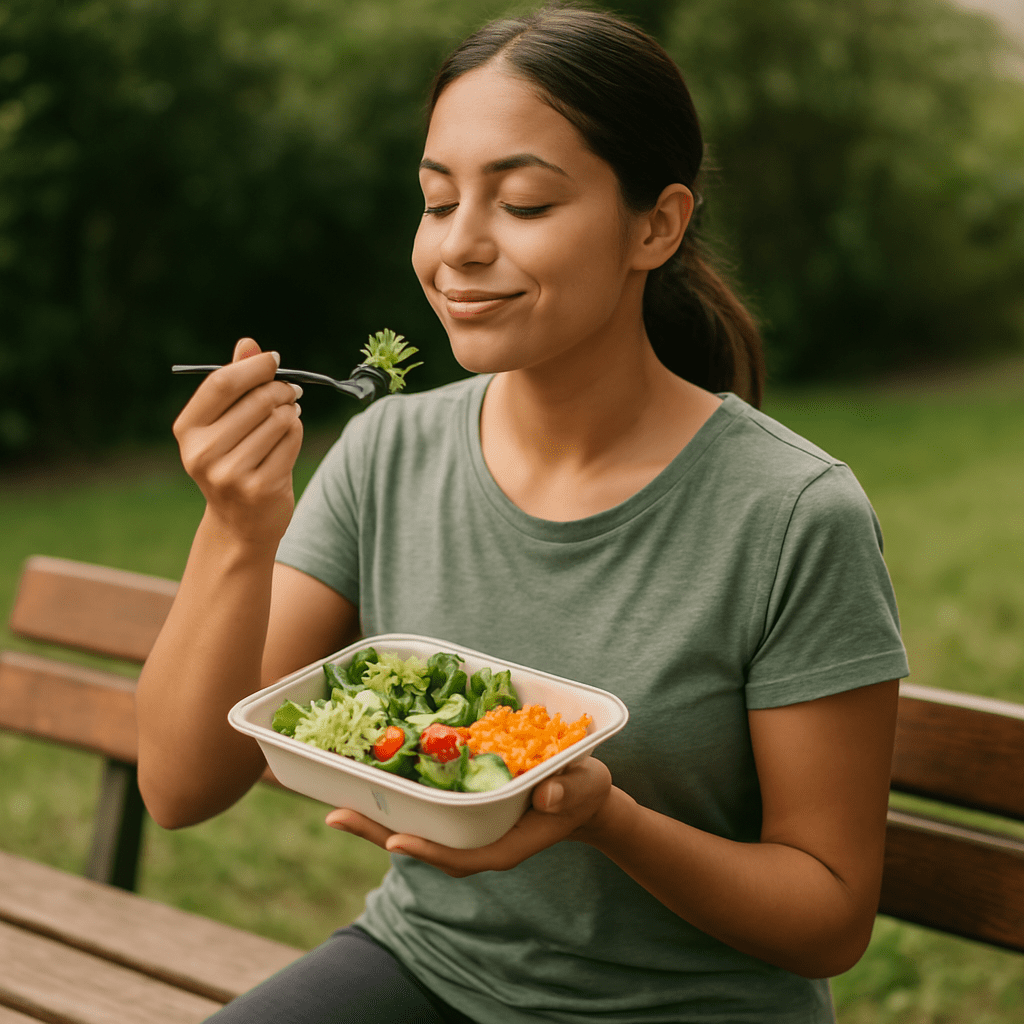 A textured beige journal, brass pen, and wholesome home-prepared meal sit neatly on a wooden surface, bathed in warm ambient candlelight. This symbolic composition captures the theme of enjoying healthy home meals mindfully, reinforcing the connection between self-reflection, intention, and nutrition.