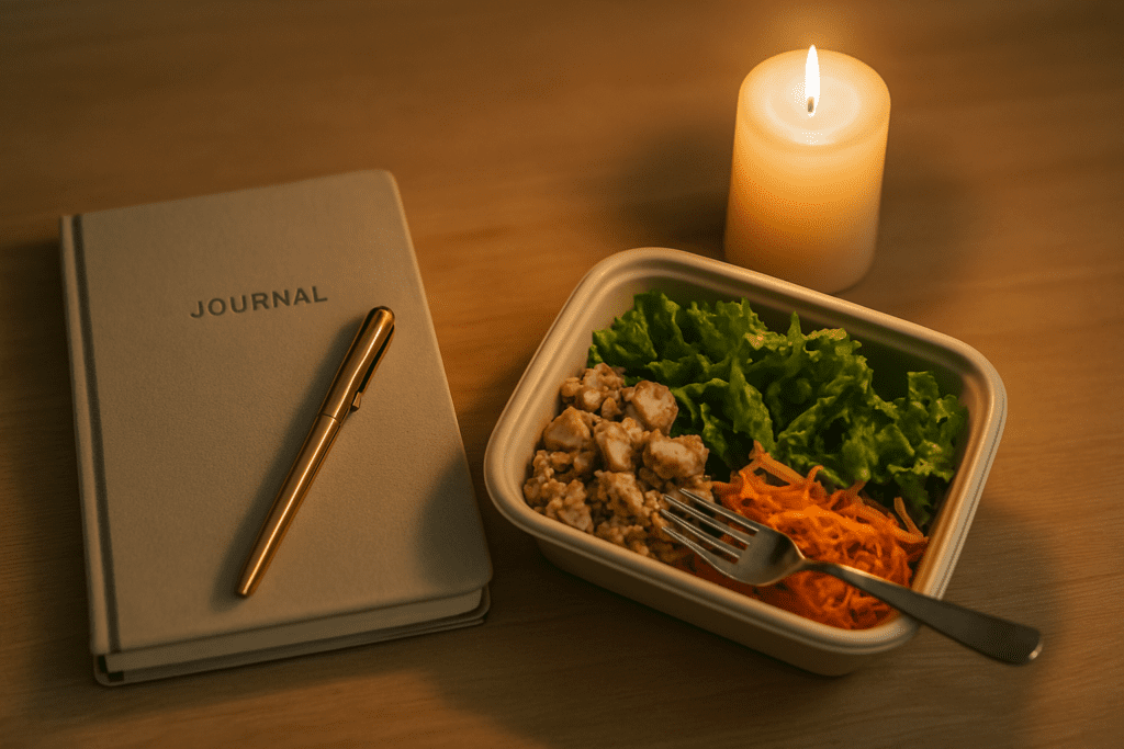 A compostable container filled with vibrant vegetables and lean protein rests on a minimalist desk beside a laptop, softly illuminated by a desk lamp at night. The cozy workspace underscores the convenience of healthy meal delivery and supports a balanced lifestyle for busy professionals.