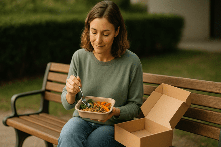 A light-skinned woman with wavy brown hair sits peacefully on a wooden bench in a green park, enjoying a fresh vegetable-based meal from a subscription service under soft natural morning light. Her casual attire and relaxed posture reflect the article’s theme of healthy, convenient eating at home and beyond.