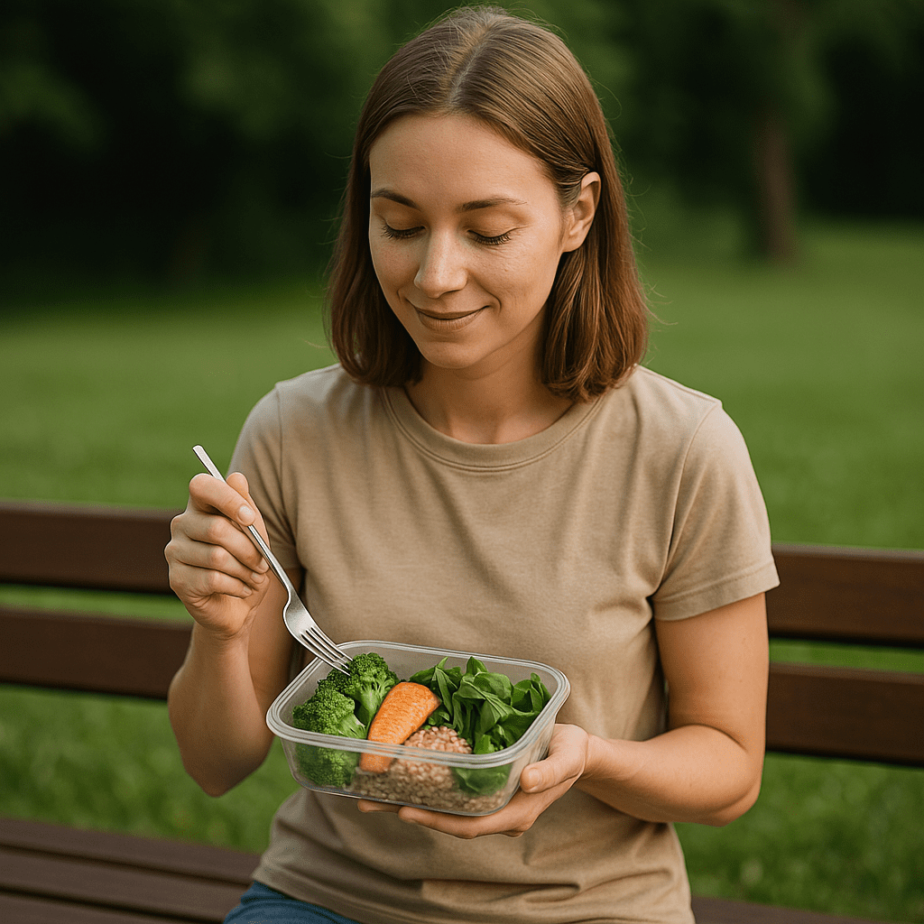 Smart Ways to Eat Better at Home: The Best Food Subscriptions for Healthy, Convenient Meals 1 A young woman with shoulder-length brown hair enjoys a balanced meal of quinoa, grilled salmon, and greens from a transparent container while seated on a park bench, surrounded by greenery and morning sunlight. This serene outdoor scene visually reinforces healthy food subscription options and mindful eating habits.
