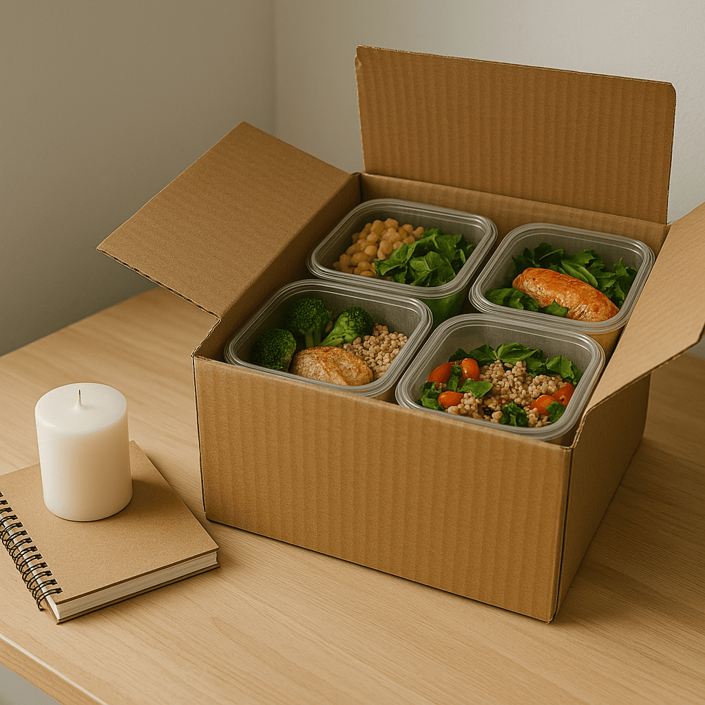 Smart Ways to Eat Better at Home: The Best Food Subscriptions for Healthy, Convenient Meals 2 A natural brown cardboard meal delivery box rests open on a wooden countertop, displaying neatly arranged containers of grilled salmon, vegetables, and grains. A candle and kraft notebook beside the box add symbolic warmth, capturing the essence of healthy food subscriptions and intentional home dining.