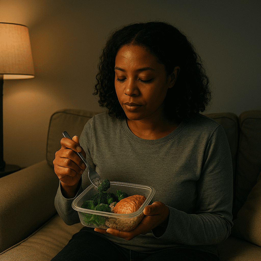 Smart Ways to Eat Better at Home: The Best Food Subscriptions for Healthy, Convenient Meals 3 A woman eats a healthy, pre-portioned meal in a softly lit living room, illuminated by a floor lamp that casts a warm glow over her and the neutral-toned space. Her contemplative expression and the visible meal contents underscore the theme of convenient, nutritious food enjoyed at home.