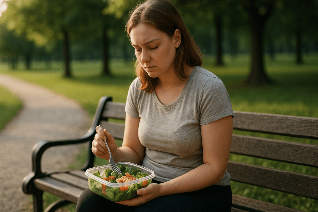 A young woman sits alone on a wooden park bench in soft afternoon light, quietly reflecting while holding a healthy salad. Surrounded by greenery and bathed in warm natural light, her contemplative posture highlights the emotional connection to smart clean eating for weight loss.