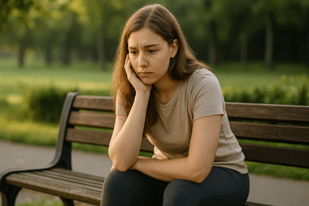 A young woman with wavy brown hair gazes downward in quiet contemplation while seated on a rustic bench in a lush park, illuminated by golden-hour sunlight. The peaceful outdoor environment and her introspective pose evoke themes of mindful eating and starting a clean eating plan for better health.