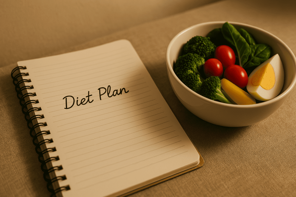 A notebook lies open on a beige surface with the handwritten title “Diet Plan,” accompanied by a fresh vegetable bowl and hard-boiled egg under warm, ambient lighting. The minimalist setting and symbolic objects visually represent an easy diet plan for clean eating and mindful nutrition.