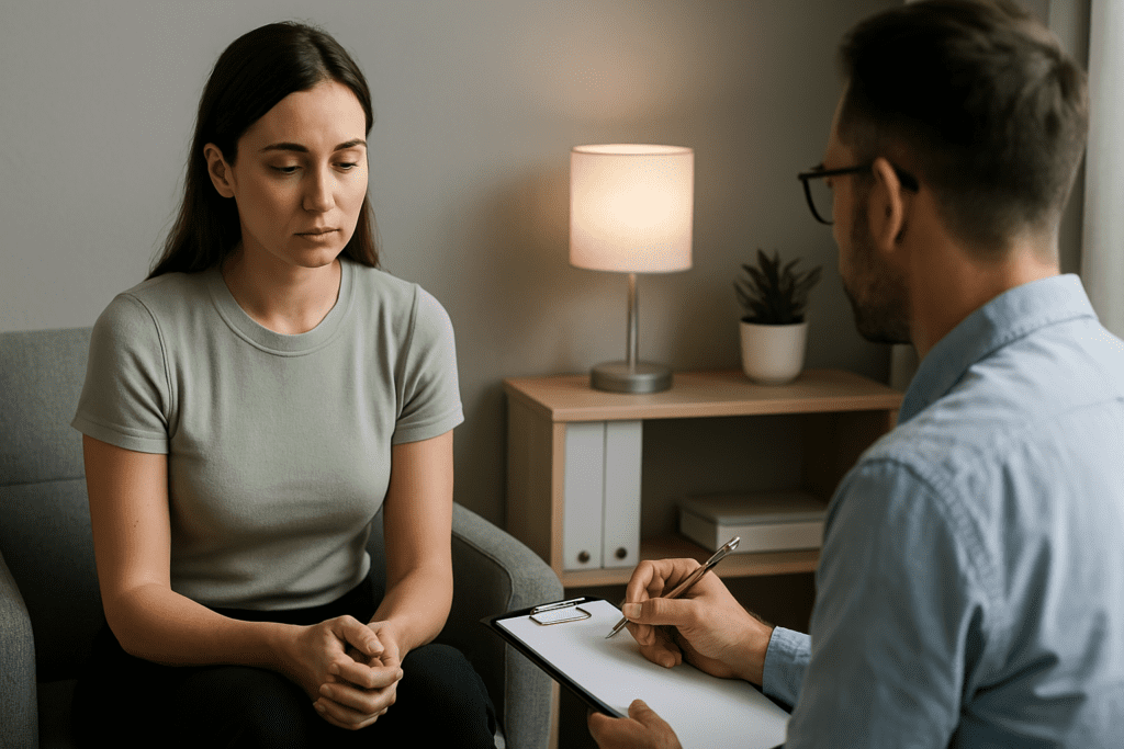 A woman in a sage green T-shirt speaks with a therapist in a softly lit, modern clinical office, both engaged in conversation about healthier lifestyle goals. The calm, structured space and their focused body language underscore smart strategies for clean eating and sustainable weight loss.