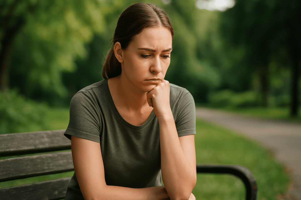 A second young woman sits quietly in a secluded area of a park, resting her head gently on one hand as if in contemplation. Surrounded by greenery under soft morning light, her expression and posture evoke the introspective journey often associated with plant-based dietary changes and cancer risk awareness.