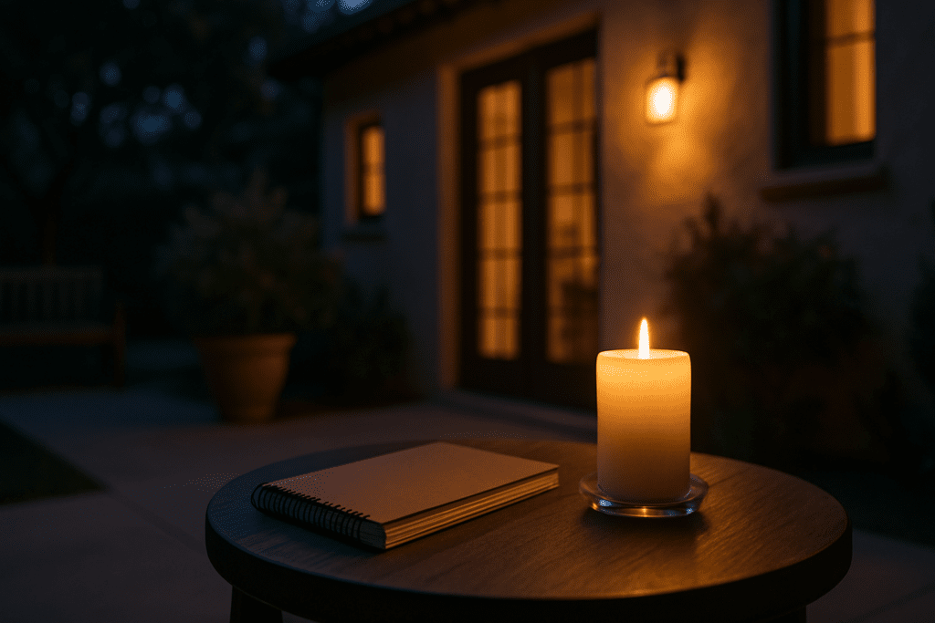 A nighttime backyard scene features a minimalist wood side table holding a flickering candle and a closed journal, surrounded by soft shadows and illuminated by warm ambient lighting. The symbolic objects suggest reflection on health choices, aligning with the theme of a vegan diet's potential role in cancer prevention.