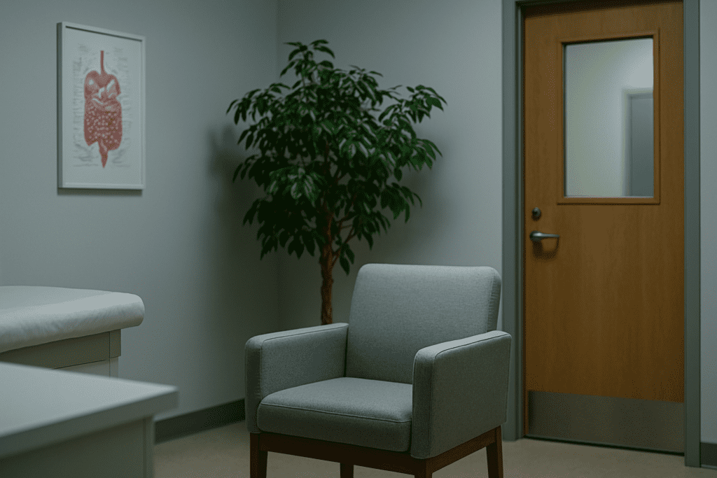 A clinical waiting room with cool fluorescent lighting showcases a modern gray chair, a white desk, and a lush green plant under a framed anatomical print. The sterile yet calm environment reflects the intersection of medical guidance and personal dietary decisions relevant to cancer risk and vegan nutrition