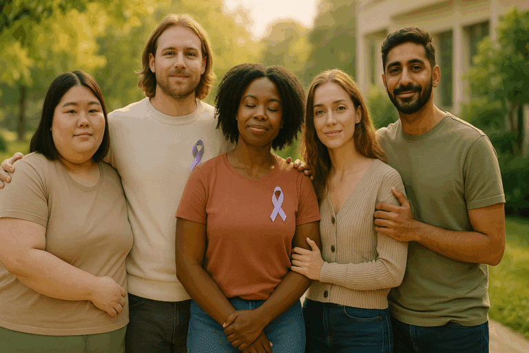 Group of diverse individuals standing together in a park, symbolizing Eating Disorder Awareness. The group includes people of different body types, genders, and ethnicities, sharing a moment of unity and support, wearing subtle lavender ribbons. The warm, natural light and peaceful background emphasize hope, healing, and empowerment