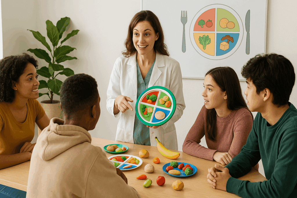 Nutrition education class in progress with a dietitian teaching a diverse group of students about balanced meals using food models. The session emphasizes Eating Disorder Awareness by encouraging healthy eating habits and preventing disordered eating behaviors