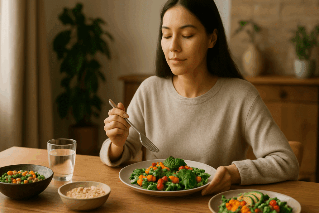 Mindful eating scene with a young woman enjoying a healthy salad in a peaceful setting, promoting Eating Disorder Awareness through slow, intentional eating and a focus on natural textures and calm body language
