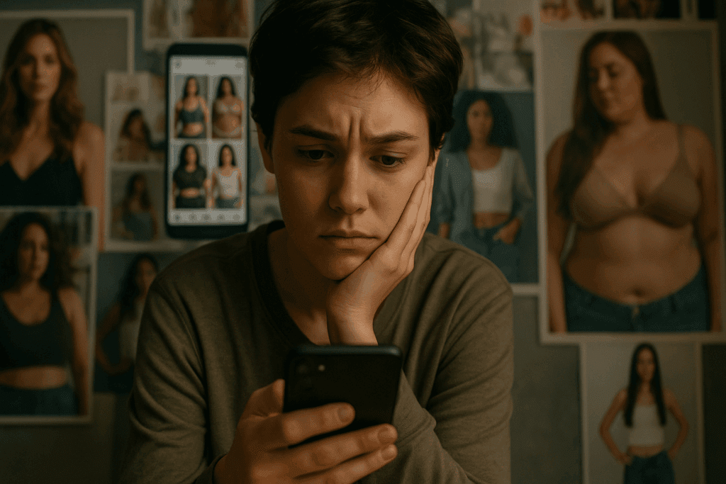 Young adult thoughtfully browsing social media, observing diverse body types and contemplating the impact of media on body image and eating habits. The image highlights themes of Eating Disorder Awareness