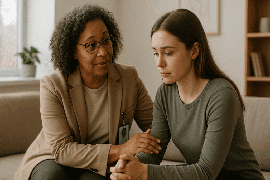 A middle-aged African American female therapist gently speaking with a younger Caucasian woman in a calm and supportive consultation room, emphasizing Eating Disorder Awareness and emotional well-being