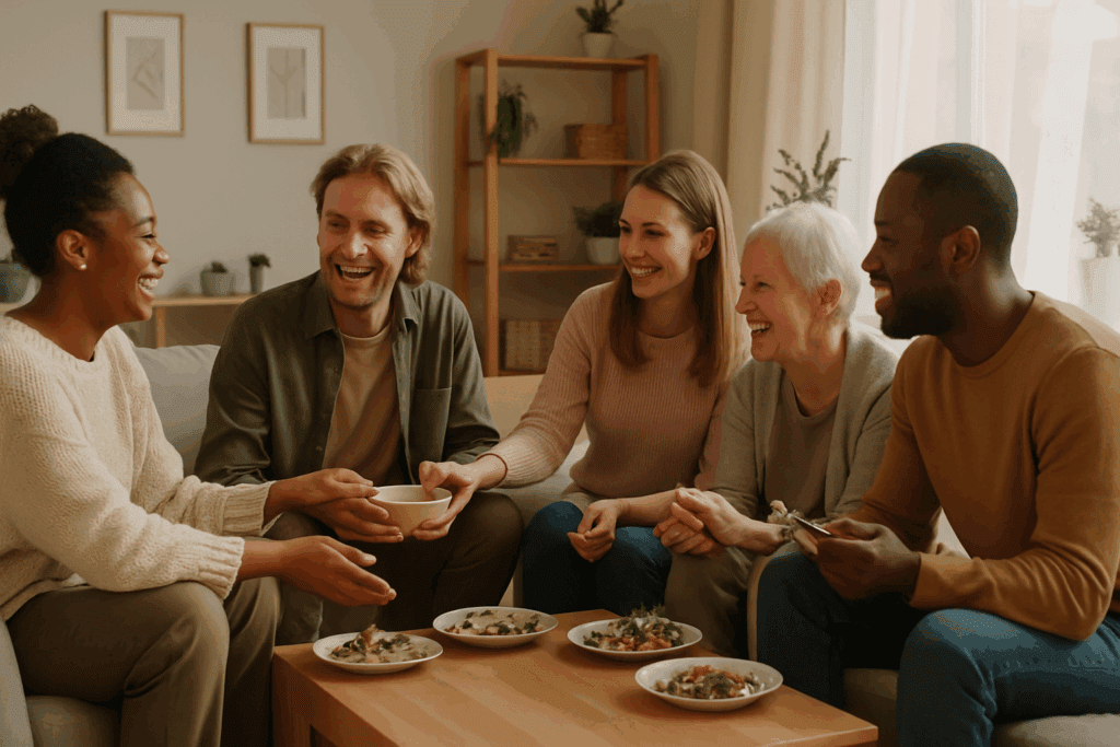 Group of diverse friends and family sharing a meal in a cozy living room, laughing and encouraging each other in a supportive environment for emotional healing and recovery, emphasizing Eating Disorder Awareness