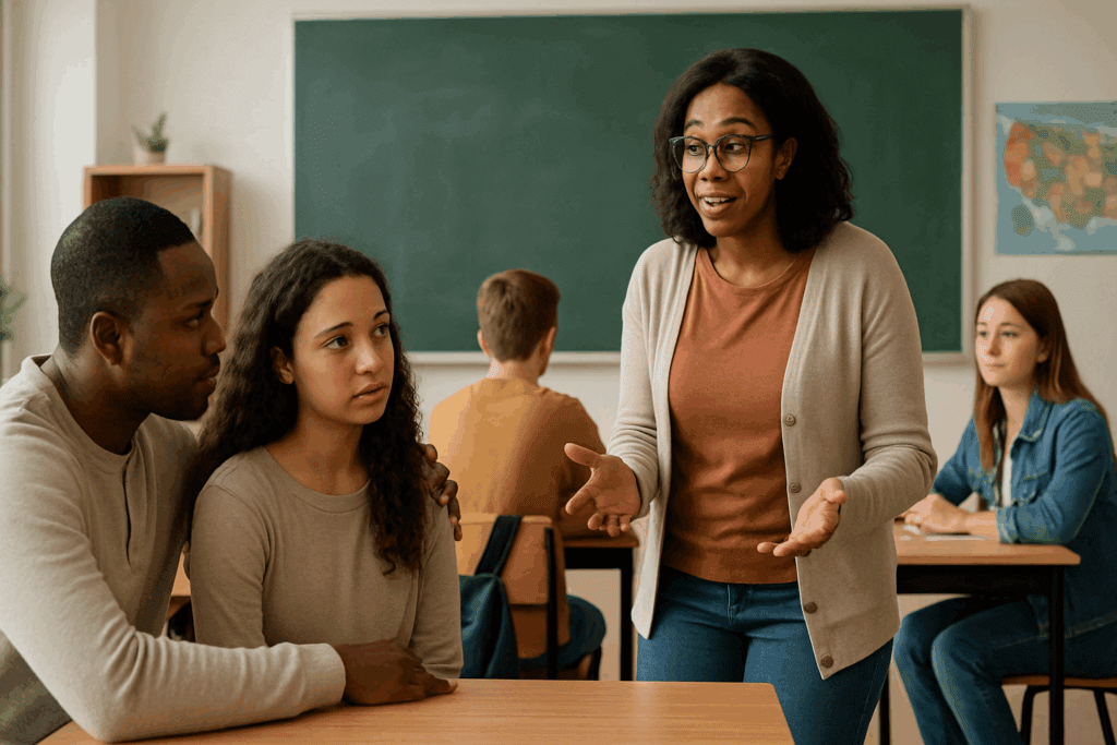 Educators and parents engaging in open conversations about Eating Disorder Awareness in a classroom setting, with a teacher supporting students and a father listening to his daughter