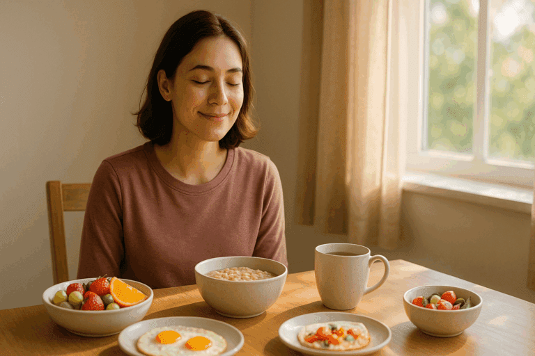 Young woman with shoulder-length brown hair smiling and enjoying a peaceful breakfast of fruit, oatmeal, eggs, and tea, sitting at a wooden dining table in a bright, sunlit room. This serene image highlights emotional and physical healing, aligning with themes of recovery and support, which can be found in an eating disorder support forum
