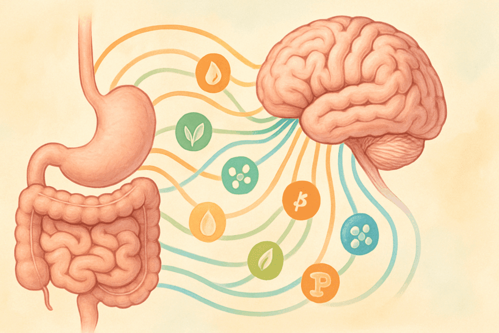 An illustrated visual depicting the connection between the digestive system and brain, symbolizing how nutrition fuels cognitive and emotional recovery. Nutrient pathways, such as vitamins and proteins, link the two systems, reinforcing the importance of nutrition in eating disorder recovery. The image highlights the healing potential of a balanced diet in supporting mental and physical health, relevant to an eating disorder support forum