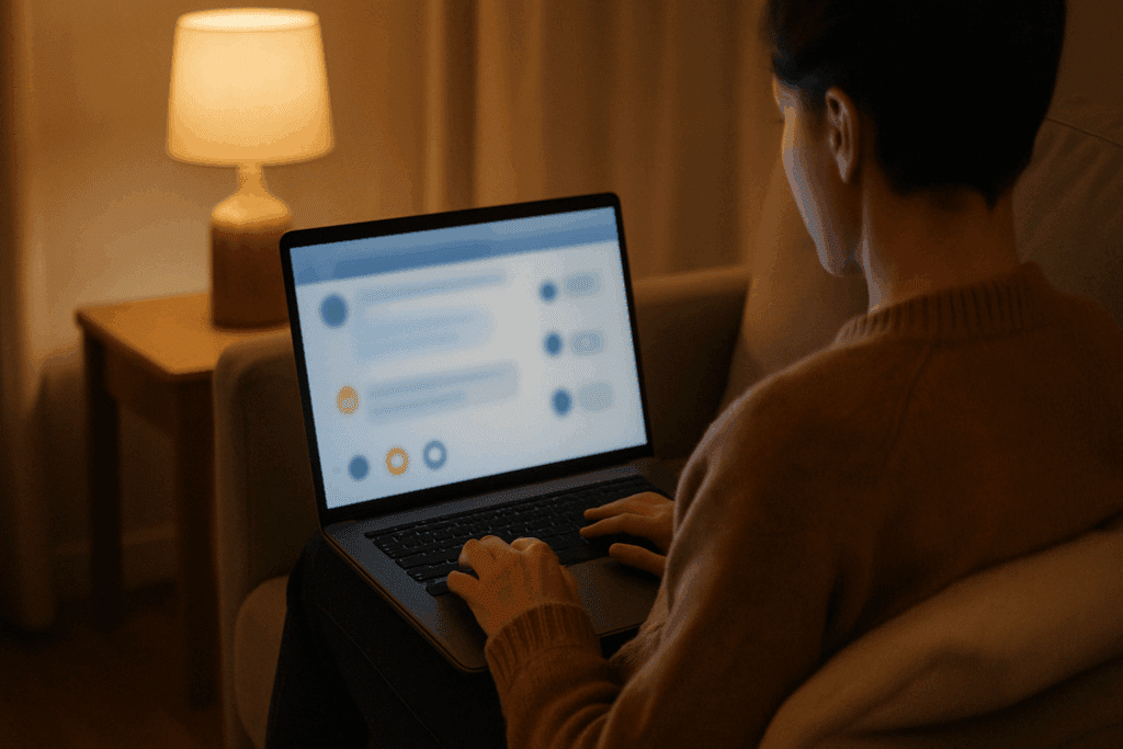 Person engaged in an eating disorder support forum on a laptop, sitting in a cozy, warmly lit room, emphasizing the emotional safety and support provided through online connections.