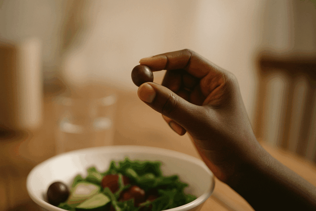 Dark brown-skinned hand gently holding a purple grape, with a soft-focused dining background, symbolizing mindfulness and sensory presence in eating. Ideal for individuals seeking eating disorder support forum resources