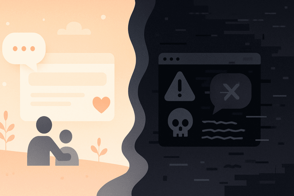 Digital illustration contrasting a welcoming eating disorder support forum with a chaotic, harmful online space. The left side shows a peaceful, supportive environment with soft colors, while the right side depicts a dark, glitchy space filled with ominous symbols