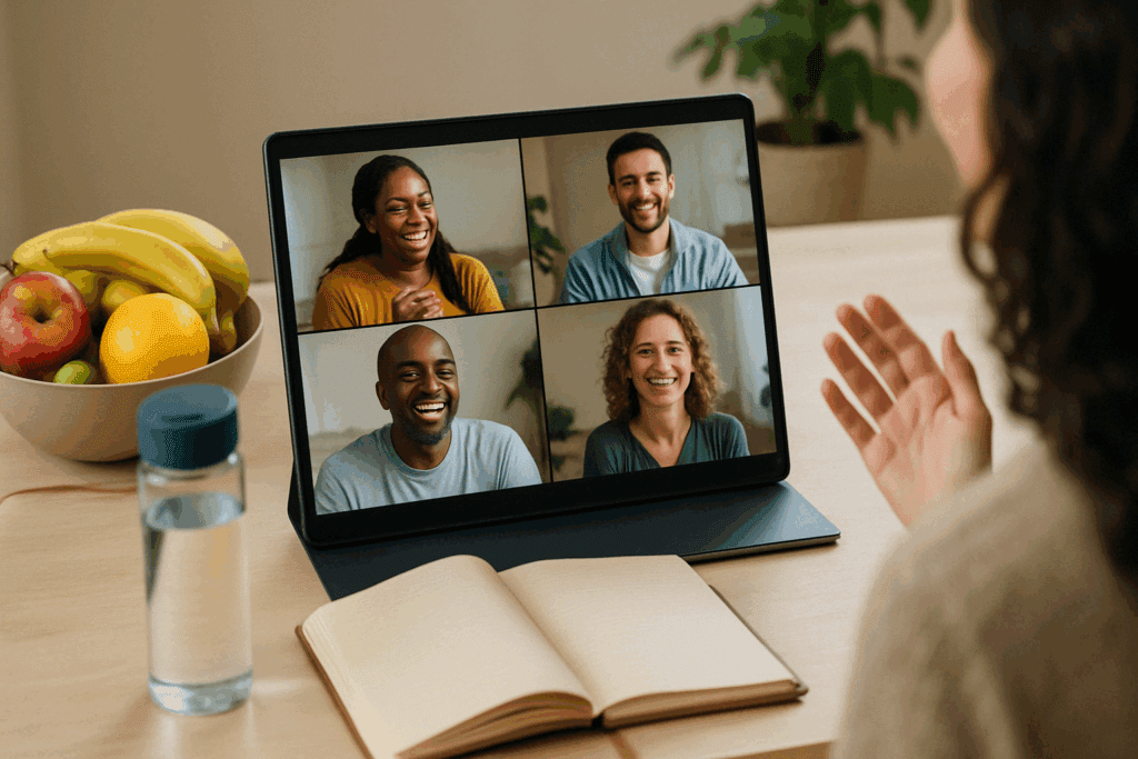 Diverse group smiling in an online eating disorder support forum, with fruit, water, and a wellness journal on a desk nearby.