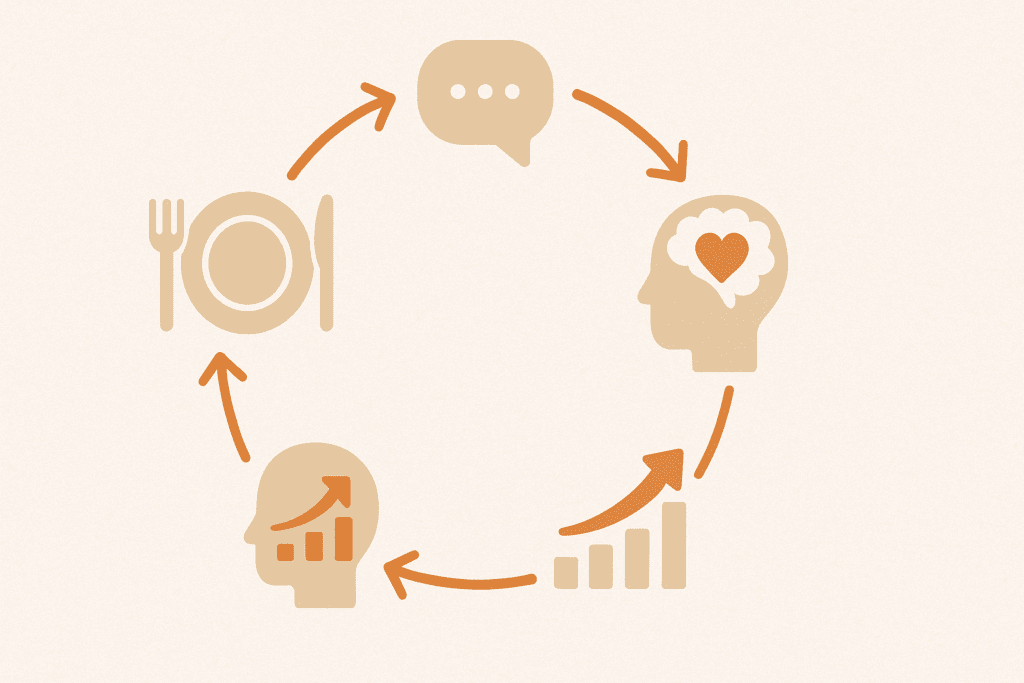 Cycle diagram showing recovery stages—nutrition, eating disorder support forum, emotional resilience, mindful eating, and progress—using warm symbolic icons