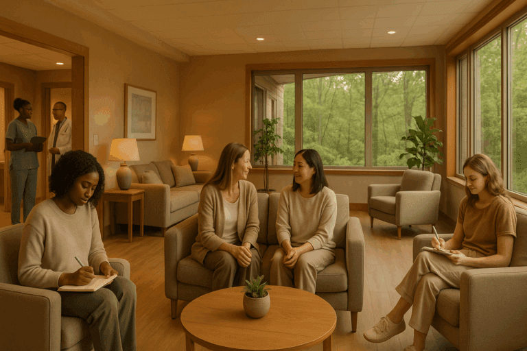 Serene common area in inpatient eating disorder clinics with diverse patients journaling and talking near large windows overlooking nature