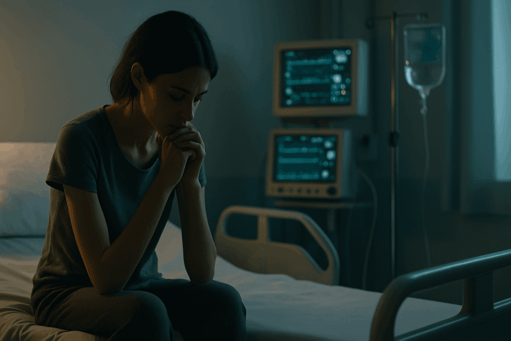 Young adult sitting in deep thought on a hospital bed in a softly lit room with monitors glowing in the background, symbolizing care provided by inpatient eating disorder clinics.