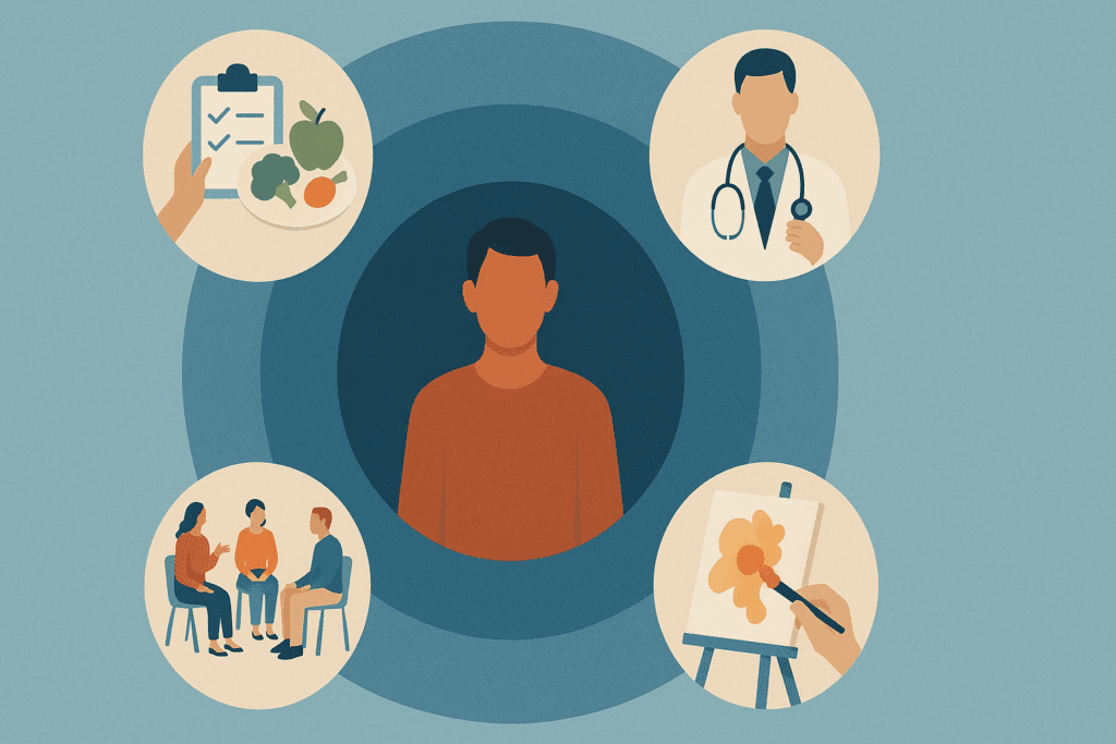 Visual model of integrated care in inpatient eating disorder clinics showing a patient surrounded by therapy, nutrition, art, and medical support