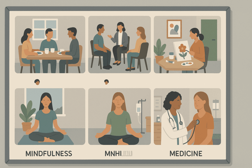 Daily routine visualized at inpatient eating disorder clinics, showing shared meals, group therapy, mindfulness, art activities, and medical check-ins in a modern therapeutic setting