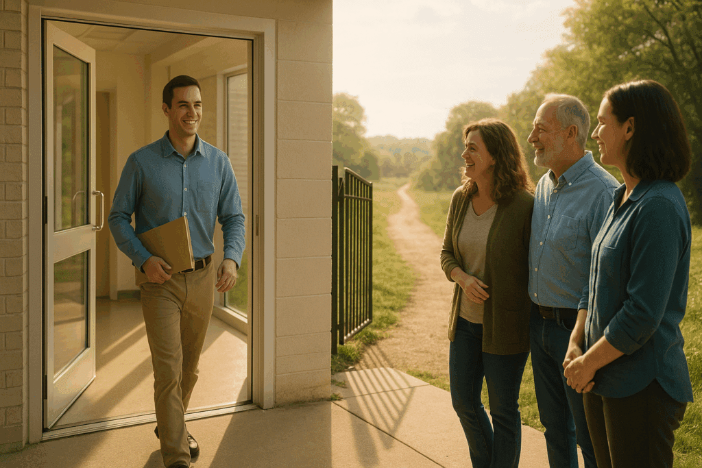 Young man exiting inpatient eating disorder clinic with support plan in hand, greeted by family on a sunny path to recovery