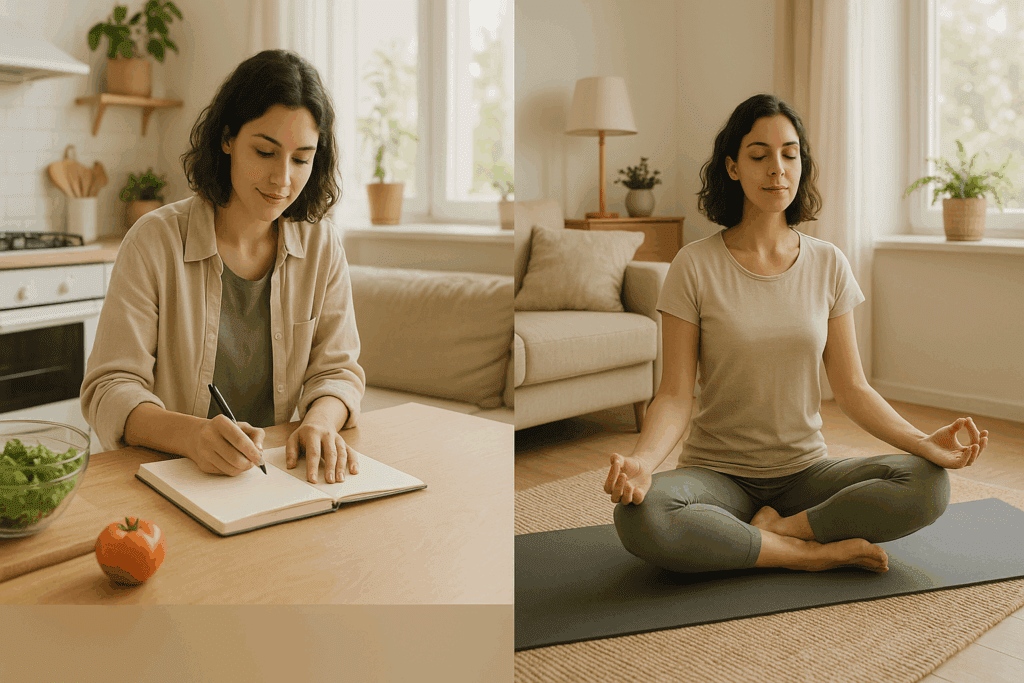 Woman practicing wellness habits like meal prepping, journaling, yoga, and telehealth at home after discharge from inpatient eating disorder clinics
