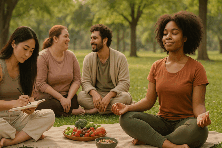 Diverse group engaging in yoga, journaling, and mindful eating in a peaceful park setting, symbolizing holistic recovery from Unspecified Eating Disorders