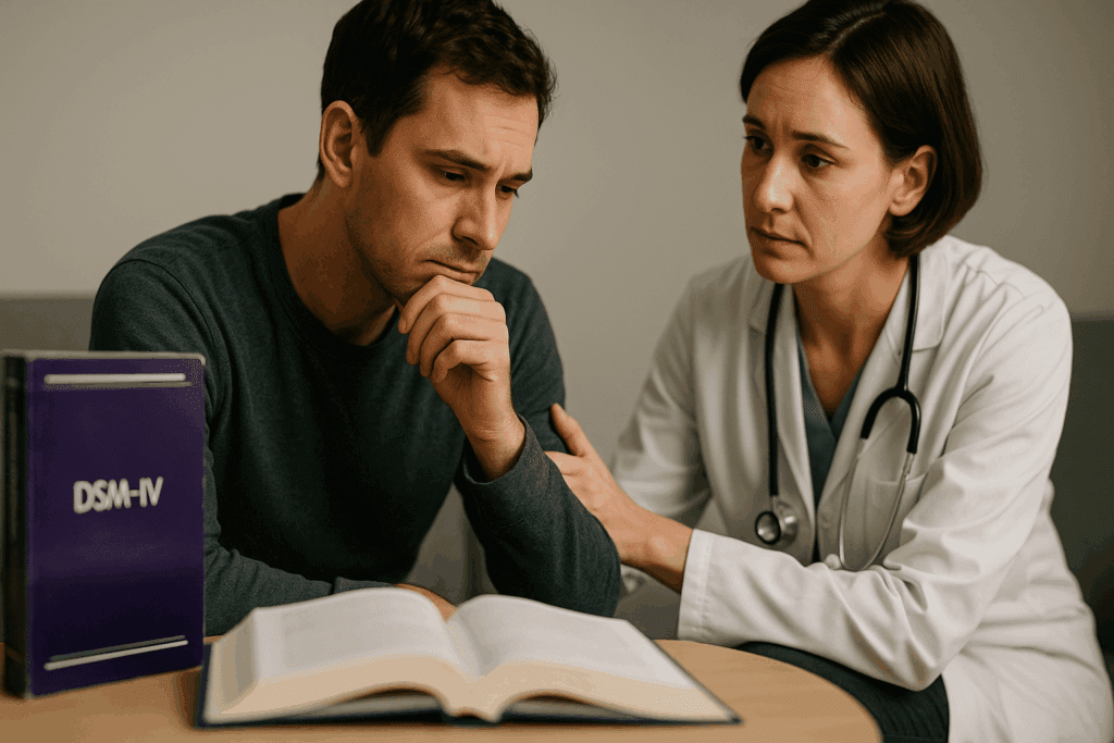 Medical professional comforting a thoughtful patient beside DSM manuals, symbolizing diagnostic changes and Unspecified Eating Disorders.