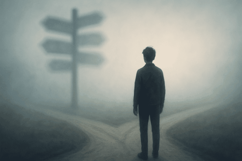 Person standing at a foggy crossroads with blurry signposts, symbolizing diagnostic confusion in Unspecified Eating Disorders.