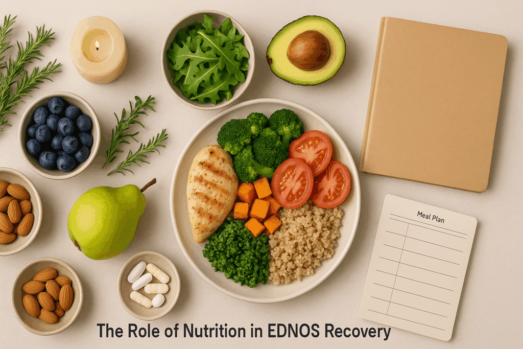 Balanced whole-food meal with lean protein, grains, fruits, and supplements arranged with mindful elements, supporting nutrition in Unspecified Eating Disorders recovery