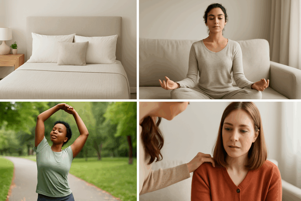 Collage showing positive daily rituals supporting recovery from Unspecified Eating Disorders—calm bedroom, meditation, outdoor stretching, and supportive friendship