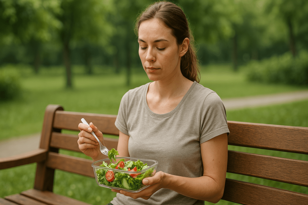 A young woman with light brown hair enjoys a clean eating lunch outdoors, seated on a wooden bench surrounded by greenery. Bathed in soft natural light, she calmly eats a colorful salad from a glass container, reflecting the simplicity and freshness of a clean eating lifestyle.