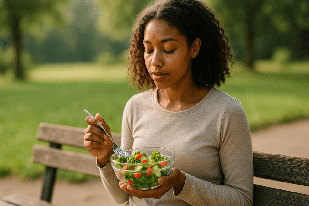 Clean Eating Simplified: How to Start a Simple Clean Eating Plan for Better Health and Lasting Energy 1 A woman with dark curly hair sits quietly in a sunlit park, focusing on her bowl of fresh vegetables as part of a clean eating routine. Her relaxed posture and natural setting embody a peaceful and health-focused moment tied to a simplified clean eating plan.