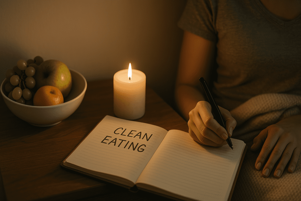 Clean Eating Simplified: How to Start a Simple Clean Eating Plan for Better Health and Lasting Energy 2 A candlelit wooden nightstand holds a journal titled "Clean Eating" alongside a bowl of fruit, evoking a calm nighttime atmosphere. This symbolic scene suggests mindful reflection and commitment to a simple clean eating plan for better health.
