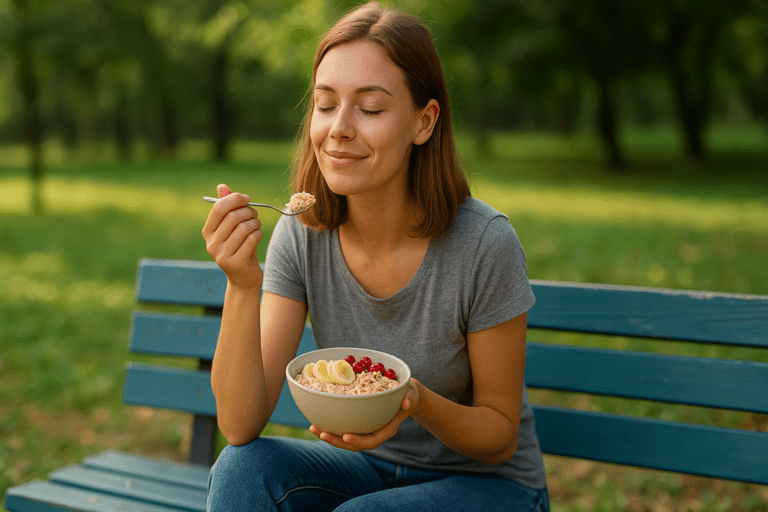 A young woman sits alone on a worn blue bench in a green park, peacefully enjoying a bowl of oatmeal topped with bananas and berries under soft morning light. This serene outdoor setting visually reflects the theme of a healthy inexpensive breakfast as part of two weeks of healthy and cheap breakfast ideas.