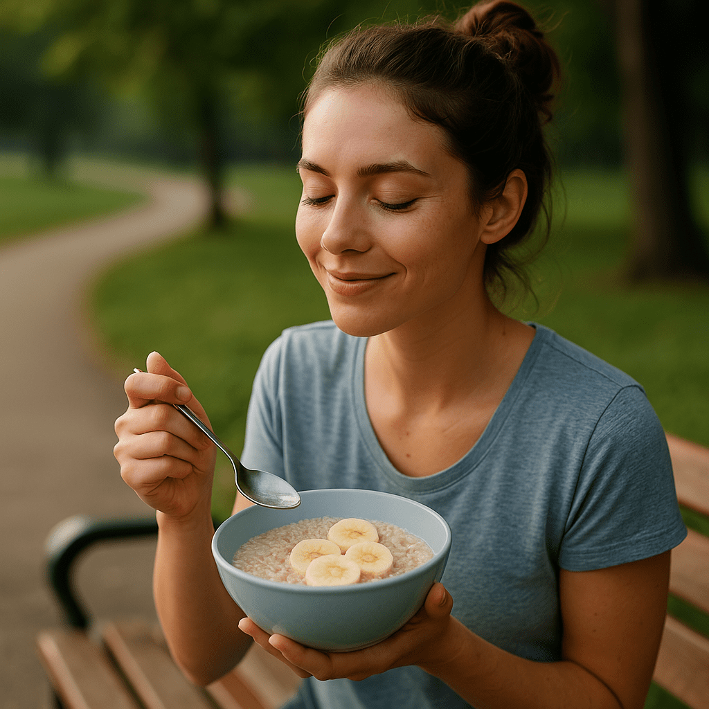 Two Weeks of Healthy and Cheap Breakfast Ideas That Actually Taste Good: Simple, Nutritionist-Approved Meals for a Better Start 1 In a calm, softly lit park, a young woman with a gentle smile and hair in a casual bun eats banana-topped oatmeal while bathed in early sunlight. The image suggests a relaxed morning routine inspired by two weeks of healthy and cheap breakfast ideas and visually reinforces the enjoyment of a healthy inexpensive breakfast.