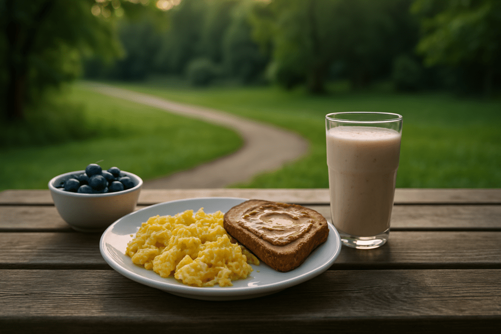 Two Weeks of Healthy and Cheap Breakfast Ideas That Actually Taste Good: Simple, Nutritionist-Approved Meals for a Better Start 2 A rustic picnic table displays a vibrant, budget-friendly morning meal including scrambled eggs, peanut butter toast, blueberries, and a pink smoothie, surrounded by lush greenery and morning light. The composition clearly evokes the spirit of a healthy inexpensive breakfast that’s part of two weeks of healthy and cheap breakfast ideas.