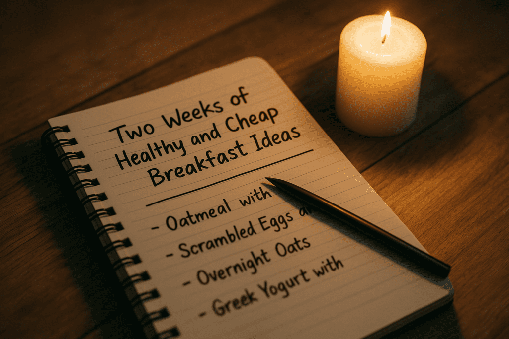 Two Weeks of Healthy and Cheap Breakfast Ideas That Actually Taste Good: Simple, Nutritionist-Approved Meals for a Better Start 3 An open spiral-bound notebook lies next to a glowing candle on a wooden surface, with visible handwritten budget breakfast ideas under warm, low lighting. This symbolic indoor scene captures the reflective planning process behind creating two weeks of healthy and cheap breakfast ideas focused on a healthy inexpensive breakfast lifestyle.