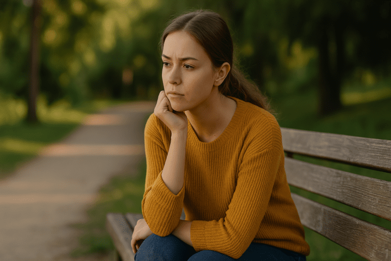 A young woman sits on a wooden park bench in soft afternoon sunlight, gazing into the distance with a contemplative expression. The serene outdoor setting, surrounded by blurred green foliage, visually supports the article’s focus on mindful eating and poses the question: what is the healthiest food on the planet?