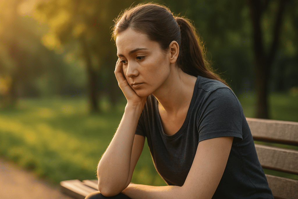 A young woman with chestnut-brown hair is captured in warm, early morning light, seated quietly in a green park. Her thoughtful gaze and relaxed posture reflect a personal exploration of the best nutritional value foods in a setting designed for reflection and wellness.