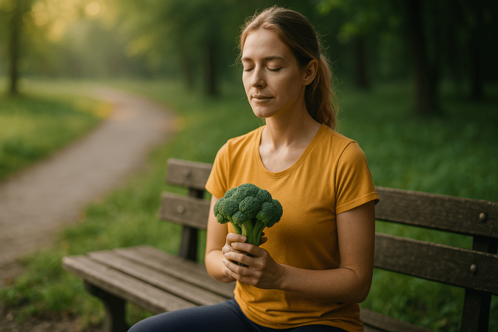 In a sunlit outdoor park, a woman in a yellow t-shirt holds a head of broccoli with gentle curiosity. Her calm demeanor and the natural surroundings support the theme of discovering 10 foods that are high in nutrients through conscious, nature-connected choices.