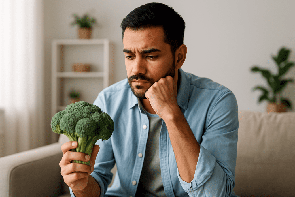 A man with a focused expression sits on a beige sofa in a minimalist living room, examining a fresh head of broccoli in his hand. The neutral indoor environment and contemplative mood visually reinforce the pursuit of the healthiest food on the planet and the role of personal inquiry in identifying the best nutritional value foods.
