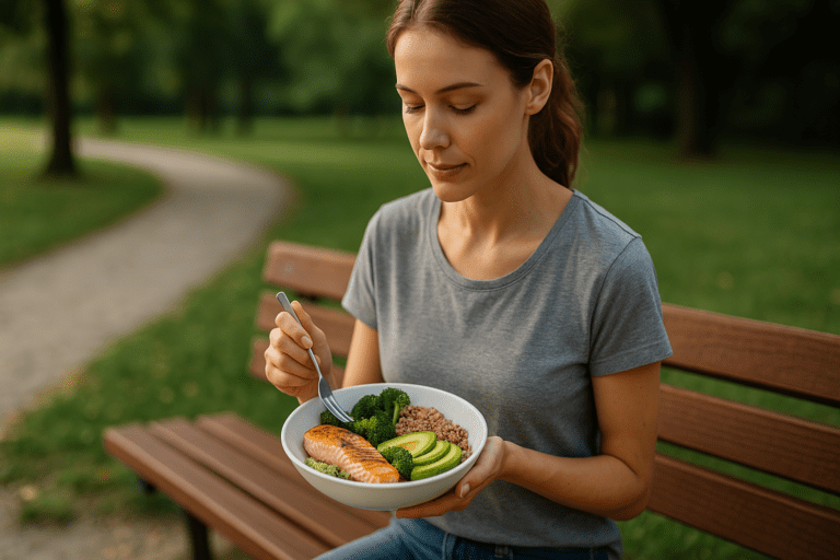 A fit young woman with light brown hair enjoys a colorful salad on a wooden park bench under soft morning sunlight, embodying the theme of smart, simple recipes for a balanced diet. Her relaxed posture and focused expression reinforce the importance of healthy food dishes as part of a mindful, nutritious lifestyle.